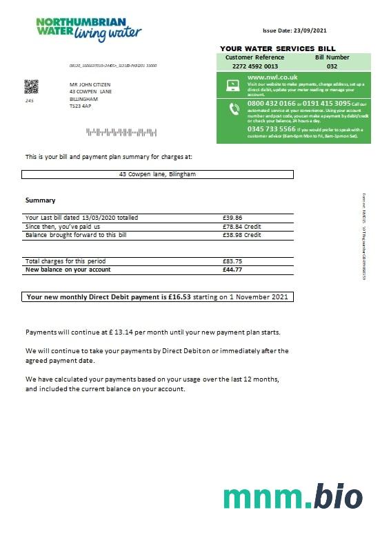 United Kingdom Northumbrian Water rachunek za media template in Word i PDF format, version 1